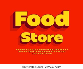 Vector bright Signboard Food Store. Modern Creative Font. Decorative 3D Alphabet Letters and Numbers set.