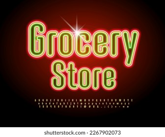 Vektor heller Signboard Grocery Store. Eleganter leuchtender Schriftzug. Farbige Neon-Alphabet-Buchstaben, Zahlen und Symbole.