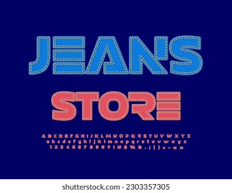 Jeans Store mit Vektorgrafik-Signatur. Stylische Denim Font. Alphabet-Buchstabensatz für Kreativtextilien und Zahlen