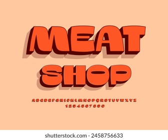 Vector bright signboard Meat Shop with modern Font. Unique Red 3D Alphabet Letters and Numbers set.