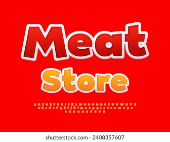 Tienda de carnes con letrero brillante vectorial. Fuente de sticker moderna. Juego de letras y números de alfabeto creativo.