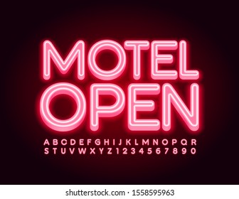 Vector Bright Signboard Motel Open, Red Neon Font. Glowing Alphabet Letters And Numbers