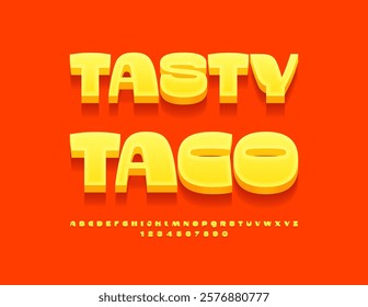 Vector Bright signboard Tasty Taco with Big Yellow Font. Decorative 3D Alphabet Letters and Numbers set.