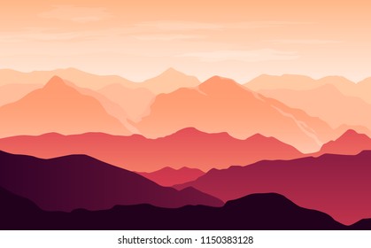 Vector bright silhouettes orange   purple mountains in the evening and clouds in the sky