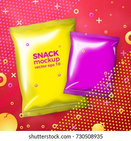 Vector bright snacks mockup with abstract memphis style radiant geometric shapes on background.