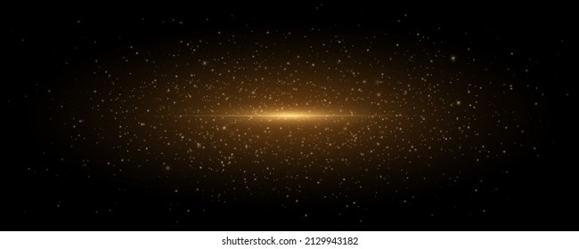 Vector bright space explosion. Golden burst of light with sparks. Abstract glowing magical dust isolated on black background. Lights effects. Flare and glare. Orange flash. EPS 10