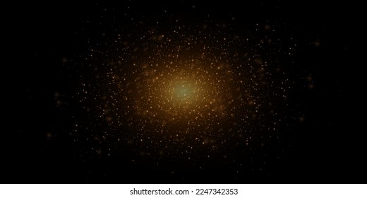 Vector bright space explosion. Golden burst of light with sparks. Abstract glowing magical dust isolated on black background. Lights effects. Flare and glare.