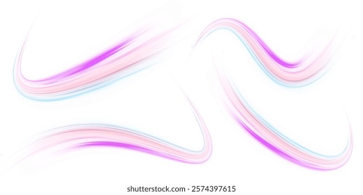 Vector bright speed wave wake vortex effect PNG. Expressway, car headlight effect on isolated white background. Vector high speed connection background.	