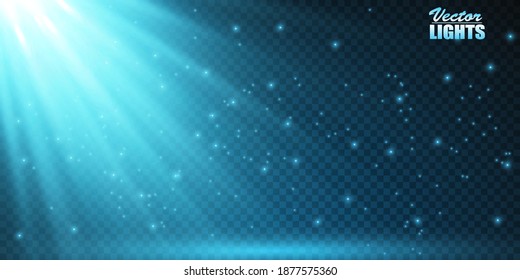 Vector bright spotlight with light beams set. Transparent realistic effect. Stage lighting. Backlit studio spotlights.