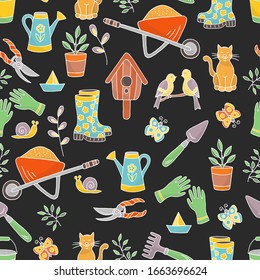 Vector bright spring hand drawn seamless pattern with a set of garden tools, plants and animals on a black background, for the design of books, stickers, packaging covers, and textile prints