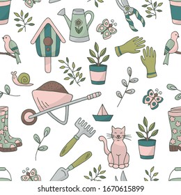 Vector bright spring hand drawn seamless pattern with a set of garden tools, plants and animals on a white background, for the design of books, stickers, packaging covers, and textile prints
