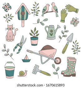 Vector bright spring set of garden tools, plants and animals on a white background, , for the design of books, stickers, packaging covers, and textile prints