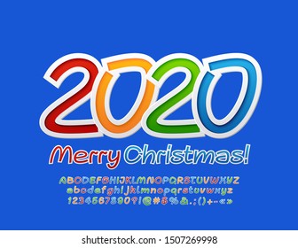 Vector bright sticker Merry Christmas 2020 Greeting Card. Funny  Original Font for Kids. Colorful Alphabet Letters, Symbols and Numbers.