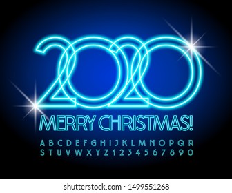 Vector bright stylish Greeting Card Happy New Year 2020. Slim Neon Alphabet.  Blue Uppercase Font. Glowing electric Letters and Numbers.
