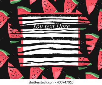 Vector bright summer card with watermelon and ink stroke texture. Beautiful summer poster with watermelon on black background. Journal and greeting card with place for your text