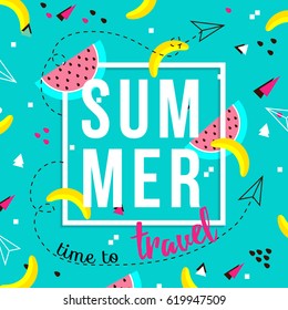 Vector of bright summer cards. Beautiful summer posters with watermelon, bananas and text. Time to travel. Memphis.Journal cards