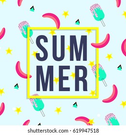 Vector of bright summer cards. Beautiful summer posters with watermelon, ice cream, bananas and text. Memphis. Journal cards