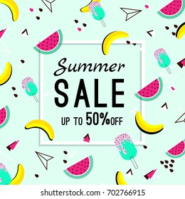Vector of bright summer cards. Beautiful summer posters with watermelon, ice cream, bananas and text. Memphis. Journal cards
