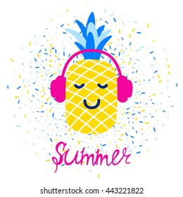 Vector bright summer greeting card with pineapple in headphones and lettering.