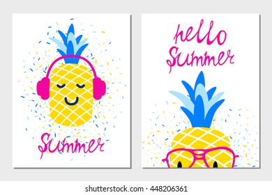 Vector bright summer greeting cards with pineapples in headphones and glasses.