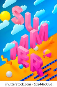 Vector bright summer poster template with 3d paper letters on sand, water and sky background.