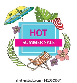 Vector Bright Summer Sale Label With Deckchair Chaise-longue And Beach Umbrella, Flowers, Hat, Exotic Plants. Isolated On White Background. Advertising Price From The Emblem