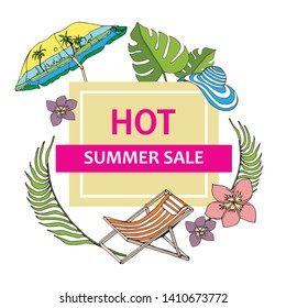 Vector Bright Summer Sale Label With Deckchair Chaise-longue And Beach Umbrella, Flowers, Hat, Exotic Plants. Isolated On White Background. Advertising Price From The Emblem