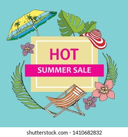 Vector Bright Summer Sale Label With Deckchair Chaise-longue And Beach Umbrella, Flowers, Hat, Exotic Plants. Isolated On White Background. Advertising Price From The Emblem