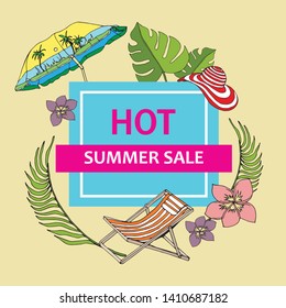 Vector Bright Summer Sale Label With Deckchair Chaise-longue And Beach Umbrella, Flowers, Hat, Exotic Plants. Isolated On White Background. Advertising Price From The Emblem