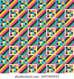 Vector bright summer seamless pattern assembled from squares with geometric ornaments. Vector endless background in modern style.