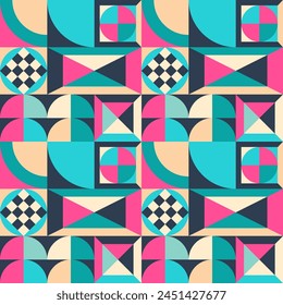 Vector bright summer seamless pattern assembled from squares with geometric ornaments. Vector endless backgrounds in modern style.