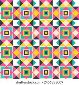 Vector bright summer seamless pattern assembled from squares with geometric ornaments. Vector endless background in modern style.