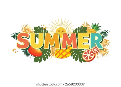 Vector Bright Summer Sun with Tropical Leaves and Orange Fruits Illustration