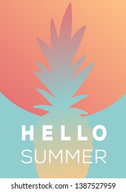 Vector bright summertime poster. Pineapple silhouette on a background of red sun. Tropical paradise. Hello summer card.