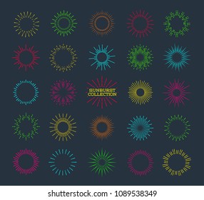 Vector bright sunburst different color, neon stars, rays of light. Firework explosion on black background for decoration, logo, festive poster, party. 10 eps