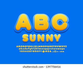 Vector bright Sunny Alphabet set. Yellow and Blue Letters, Numbers and Symbols. Funny colorful Font
