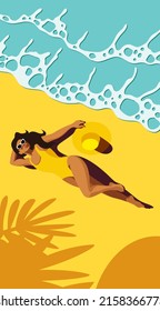 vector bright sunny illustration of a beautiful young tanned girl in a yellow swimsuit sunbathes on the beach near the sea or ocean. waves of the sea surf. shadows of palm trees on the sand. top view 