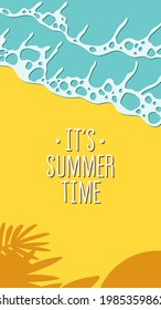 vector bright sunny illustration of sea and ocean surf on the beach top view. can be used for summer flyers, advertisements, print, web banners, backgrounds. the text "summer vibes" can be deleted.