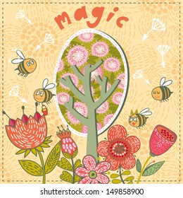 Vector bright sunny  magic illustration with blossom tree and flowers. Free concept background.