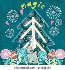 Vector bright sunny  magic illustration with christmas tree, bird, salute and flowers. Free concept background.