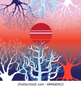 Vector bright sunset landscape with different trees and sun