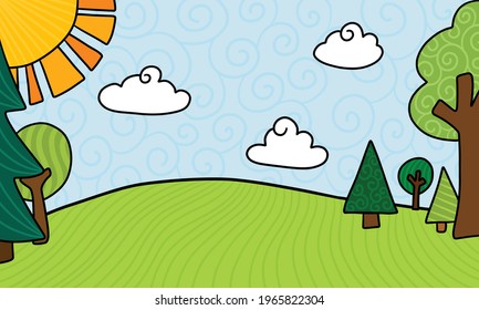 Vector Brillante Paisaje Sunshine con árboles solares y nubes