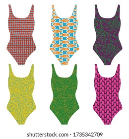 Vector Bright Swim Suits Icon Set on White Background. Clip art for embellishing cards, newsletters, scrapbooking.