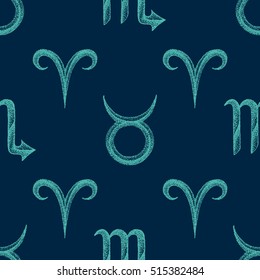 vector bright teal color hand drawn dotwork style zodiac signs Taurus Aries Scorpio dark blue background deco seamless pattern 
