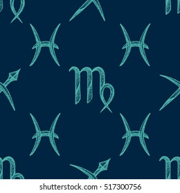 vector bright teal color hand drawn dotwork style zodiac signs Virgo Pisces Sagittarius dark blue background deco seamless pattern 
