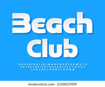 Vector bright template Beach Club. Modern White sticker Font. Artistic Alphabet Letters and Numbers set