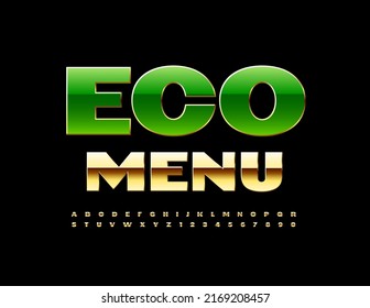 Vector bright template Eco Menu. Chic Golden Font. Modern Alphabet Letters, Numbers and Symbols