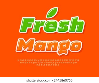 Vector bright template Fresh Mango. Creative Orange Font. Glossy Alphabet Letters and Numbers set.