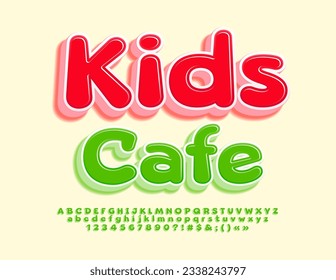 Vector bright template Kids Cafe with Green finny Font. Set of playful Alphabet Letters, Numbers and Symbols