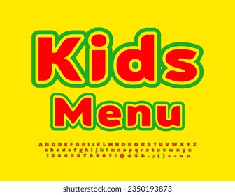 Menú de niños de plantilla brillante para vectores. Fuente colorida moderna. Juego de letras, números y símbolos de alfabetos creativos
